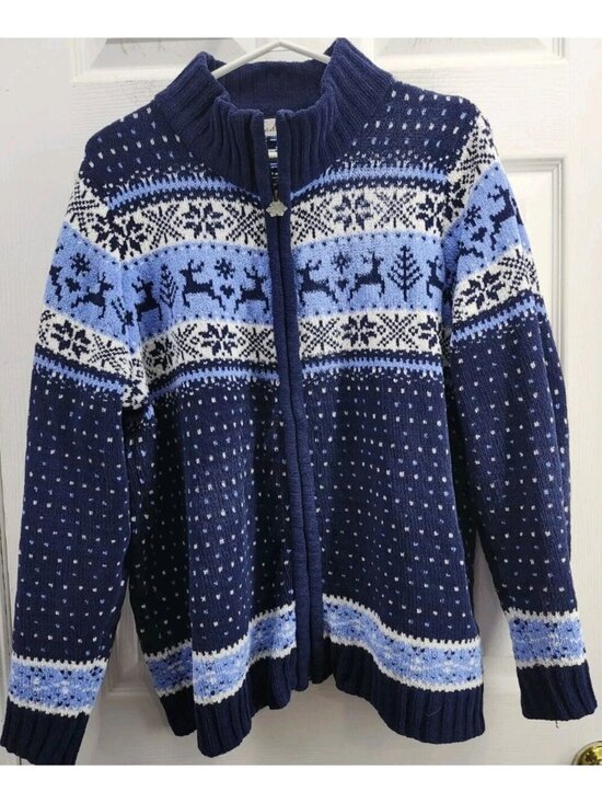 Tradition Sweaters - Reindeer Snowflake Themed Zippered Cardigan Women's L/XL Blue